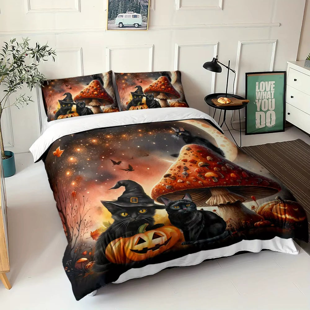 Halloween Bedding Set Black Cat Pumpkin