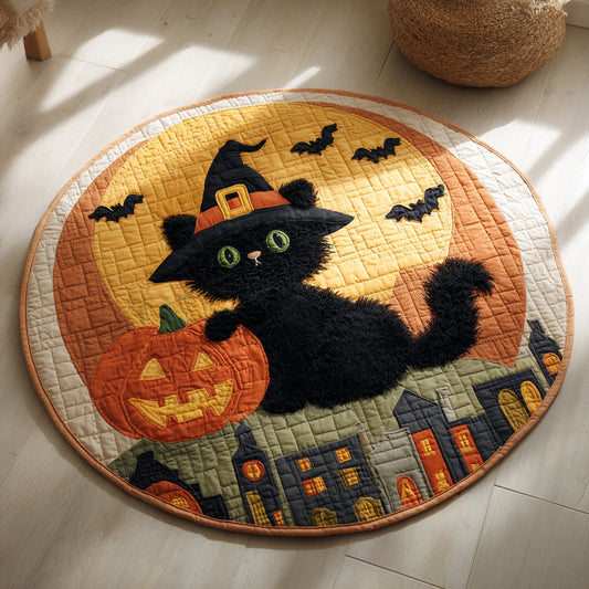 Fluffy Black Cat Halloween Quilted Round Mat