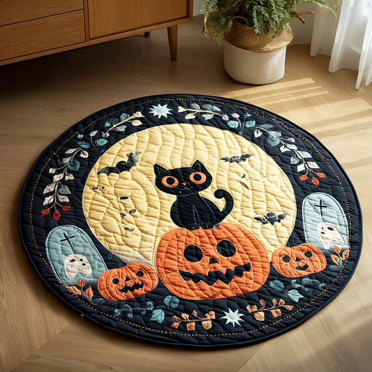 Halloween Black Cat Graveyard Quilted Round Mat