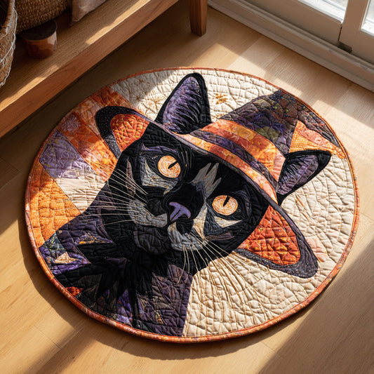 Intricate Black Cat Halloween Quilted Round Mat