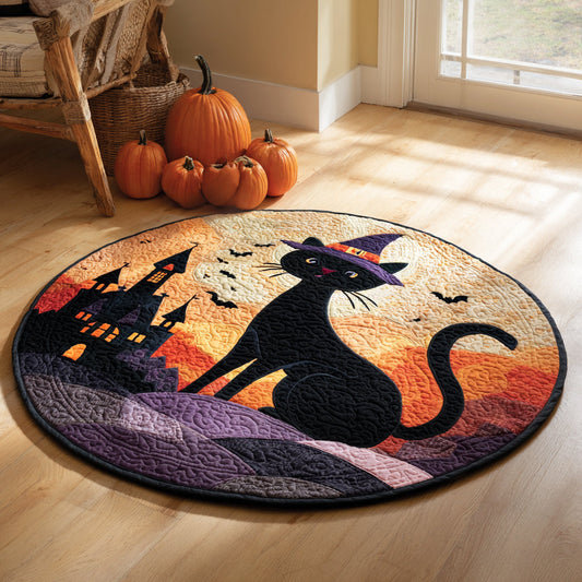 Witch Hat Black Cat Halloween Quilted Round Mat